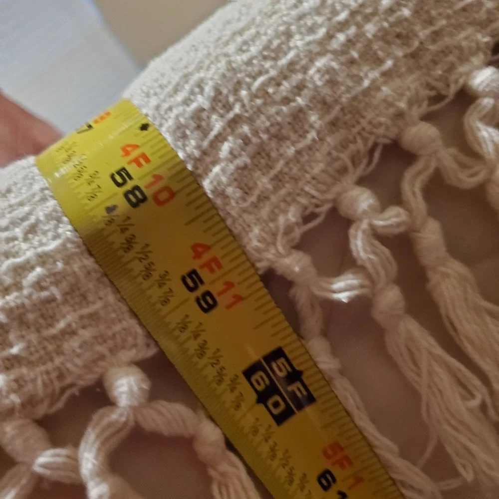 Woven Cream Cotton Throw Blanket with Knotted Fringe Macrame Boho 48x60 India